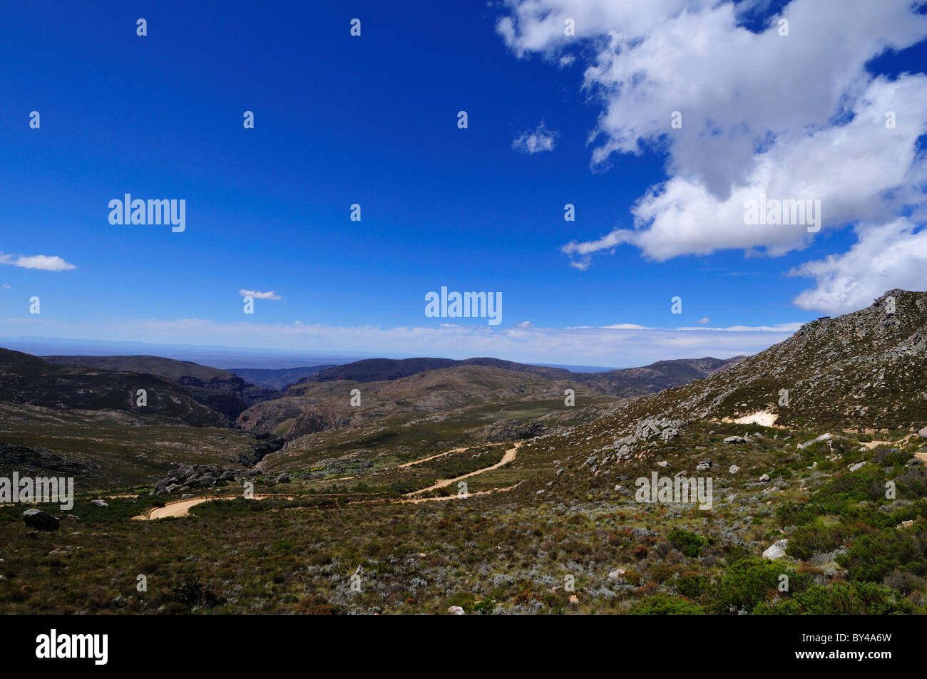 Winding mountain road to the Swartberg Pass. Prince Albert, South Africa. Stock Photo