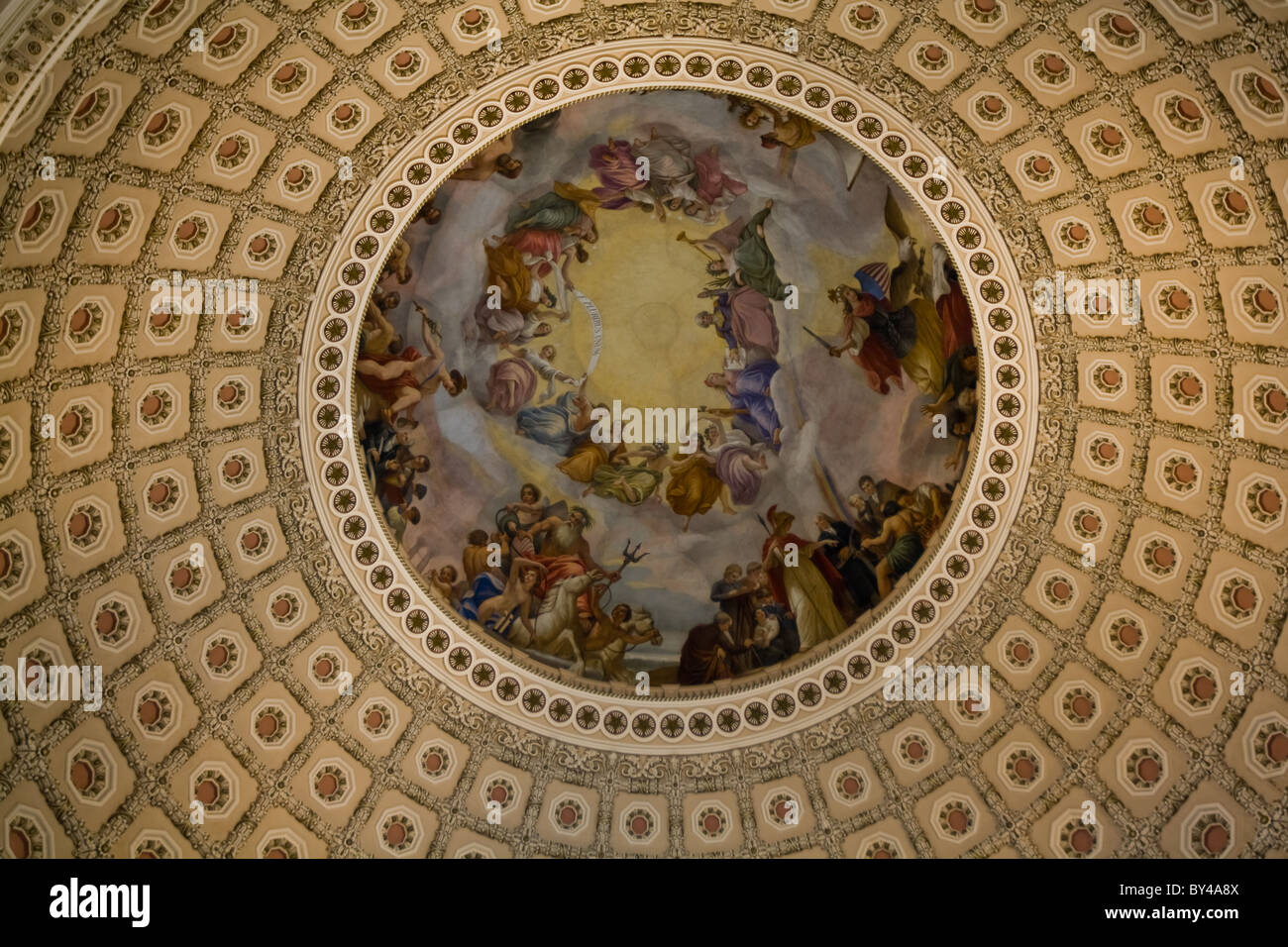 Beautiful dome of the Rotunda in the U.S. Capitol building in Washington, D. C. depicting George Washington. Stock Photo