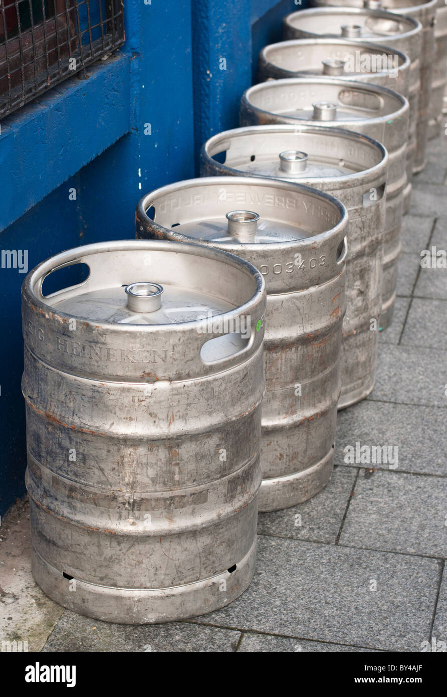 A row of steal beer barrels outside a pub in Limerick city, Republic of