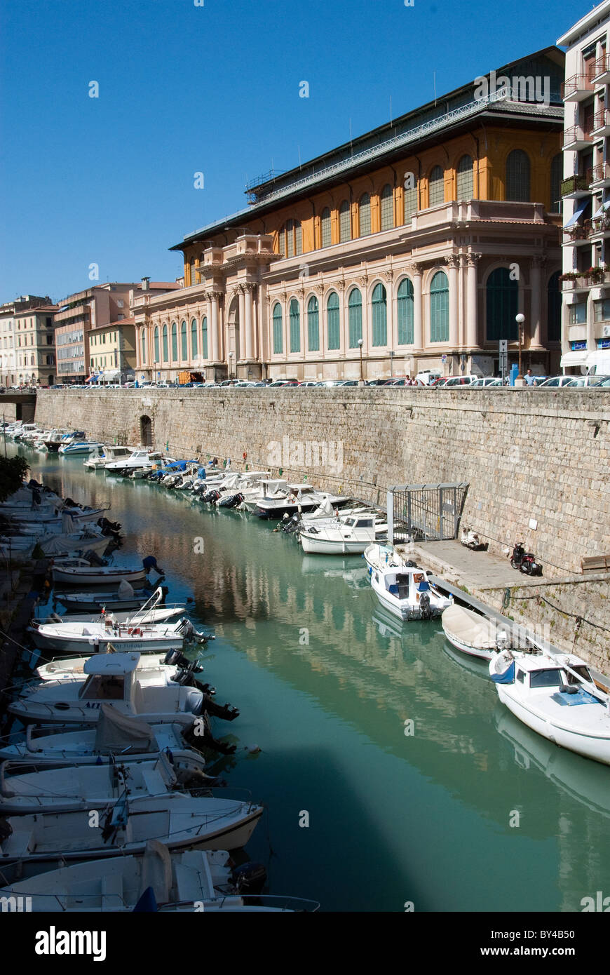 Livorno or Leghorn harbour known as the Venice district, canals with fortified walls Stock Photo