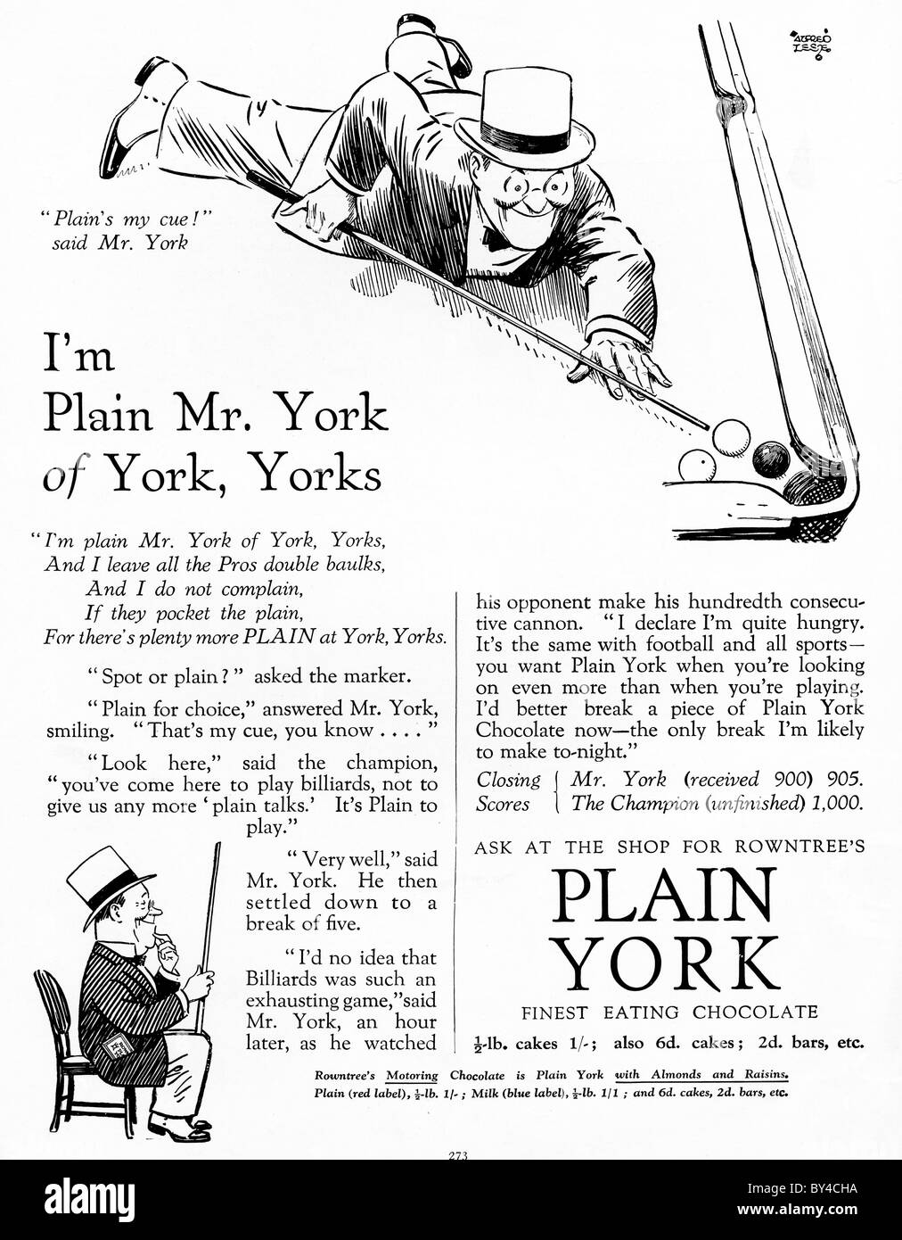 Plain York Chocolate, 1920s ad for the Rowntree confection taking its cue from a game of billiards Stock Photo