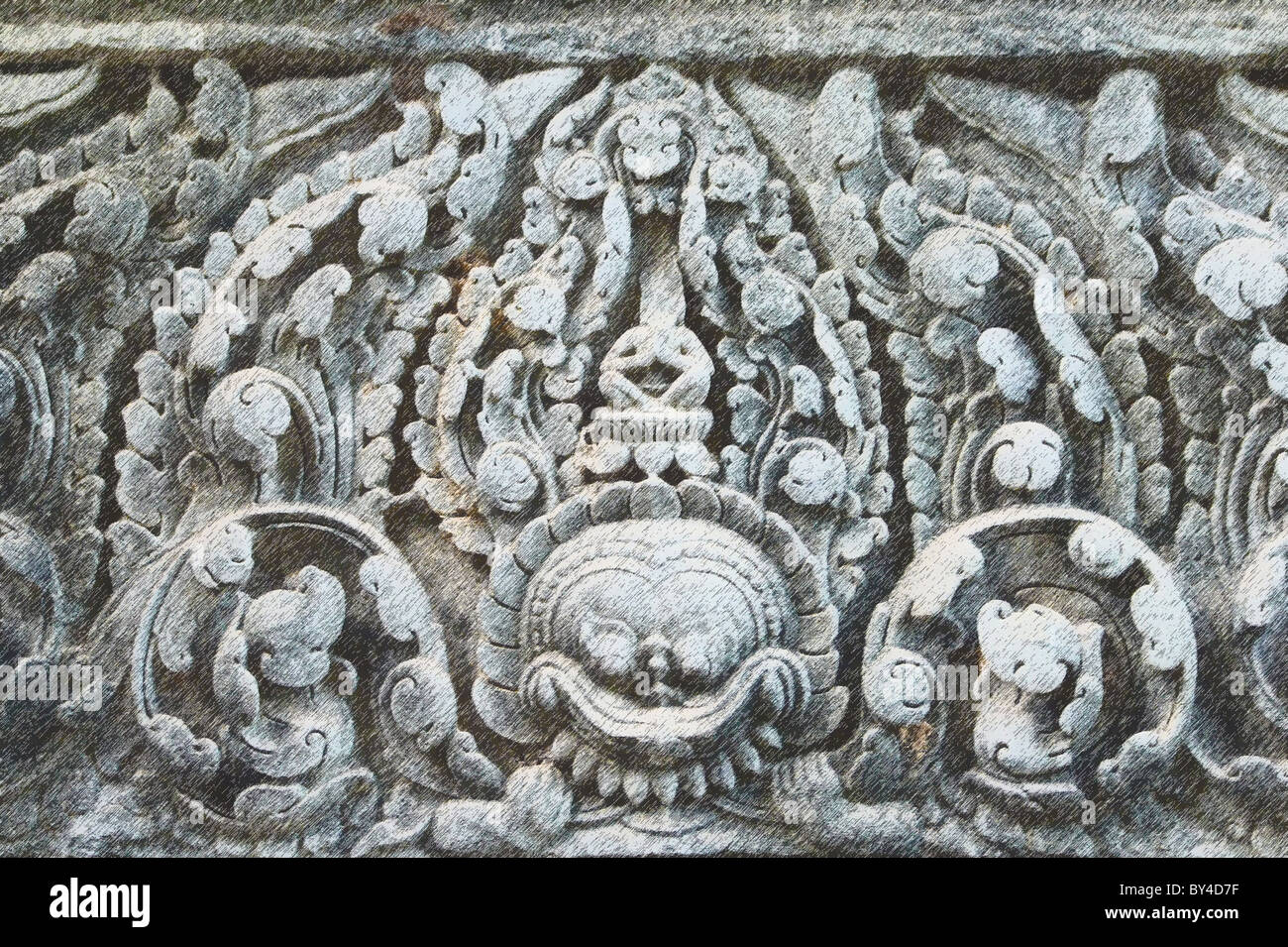intricate stone carving in the jungles of Cambodia at the ancient