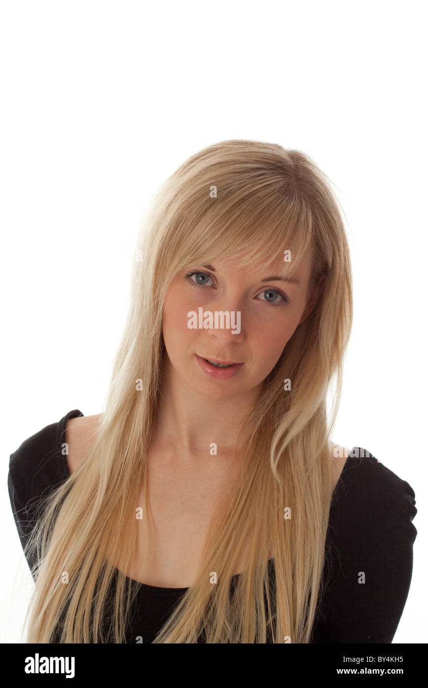 a pretty young blonde woman head and shoulders cut-ot against a white ...