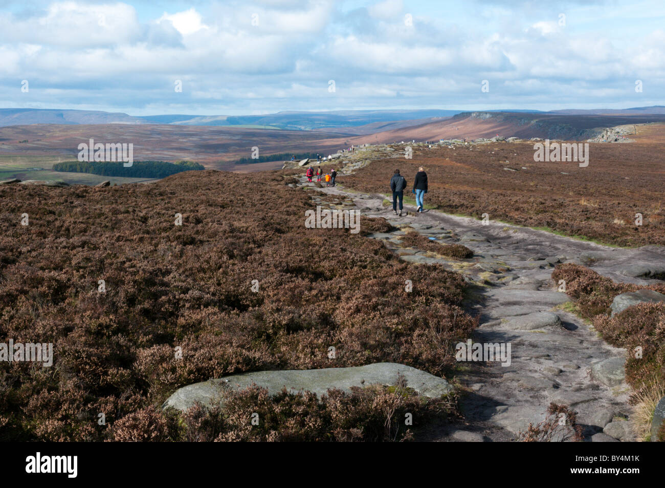 Walkers on Stanage Edge in the English Peak District. Stock Photo
