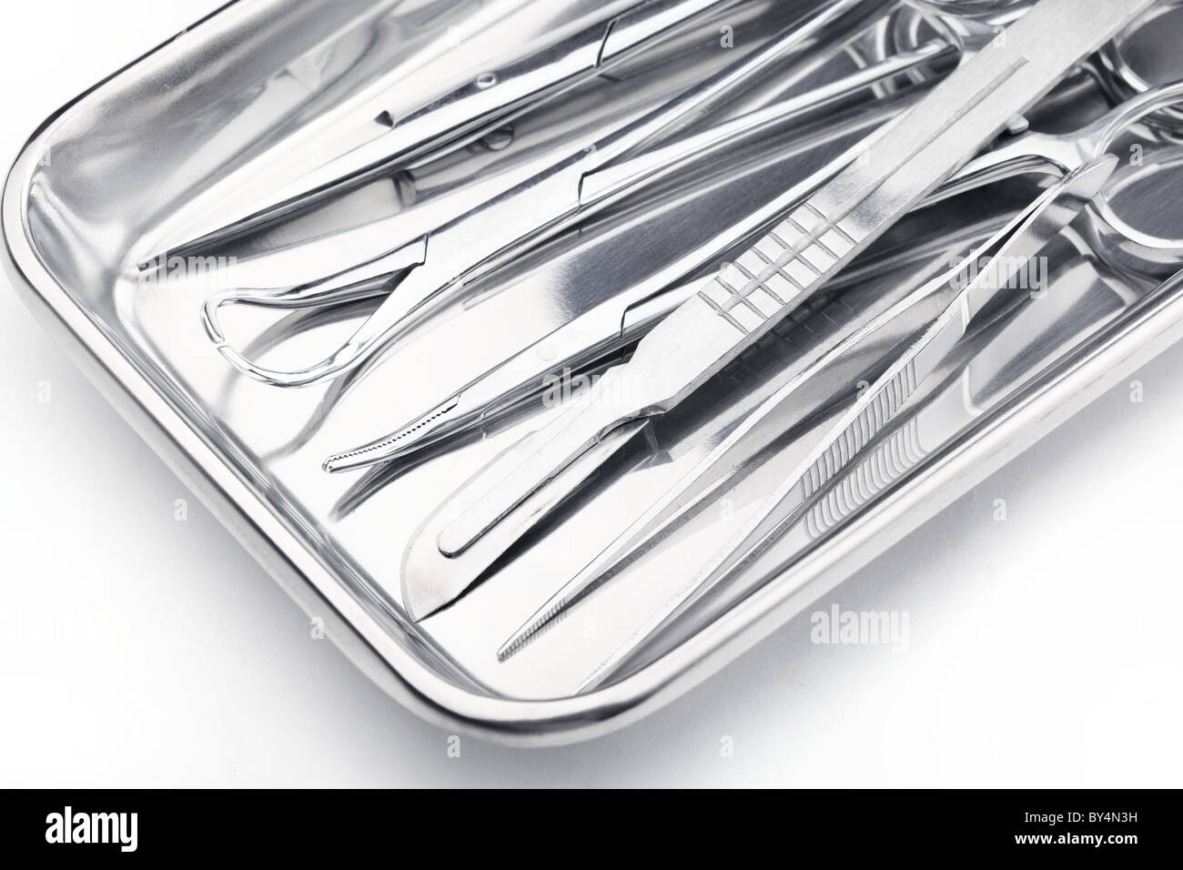 Medical instruments in a steel tray Stock Photo