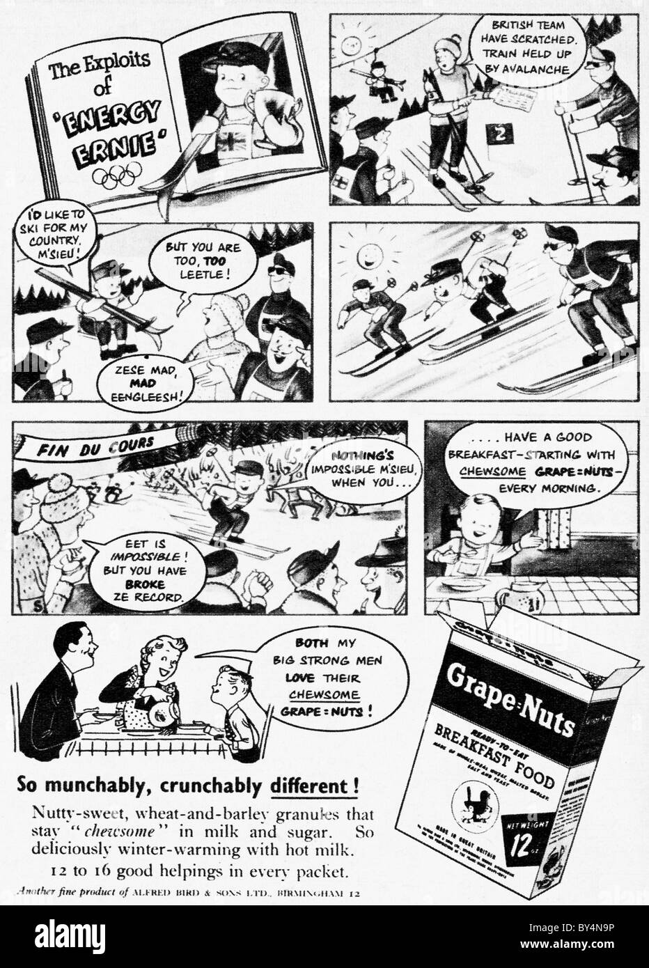1950s advertisement for Grape Nuts breakfast food in the style of a cartoon storyboard Stock Photo