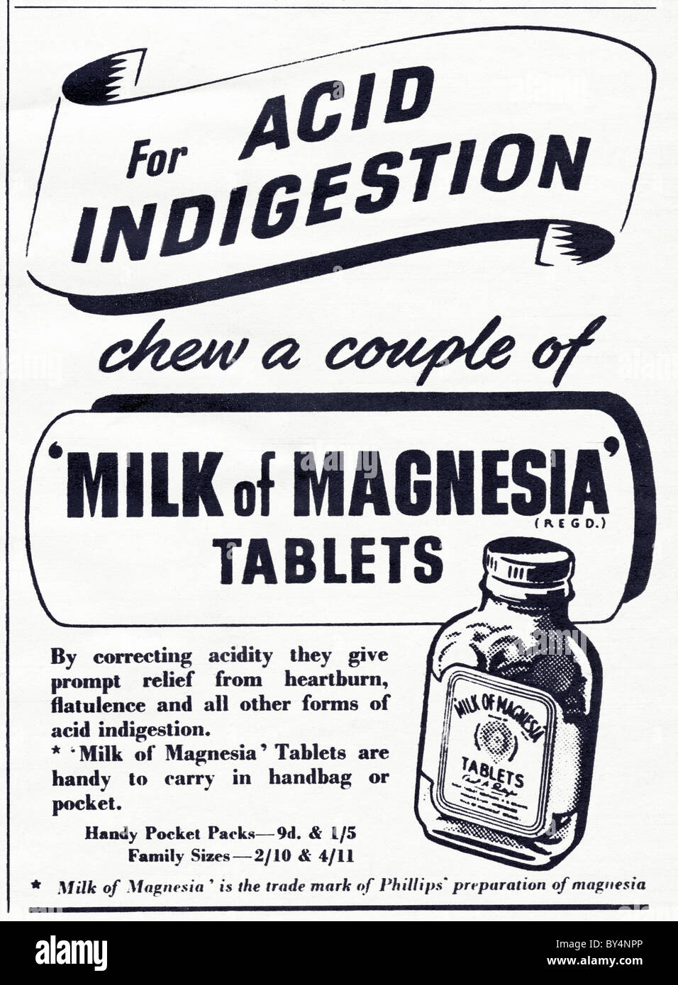 1950s advertisement for Milk of Magnesia tablets for acid indigestion Stock Photo