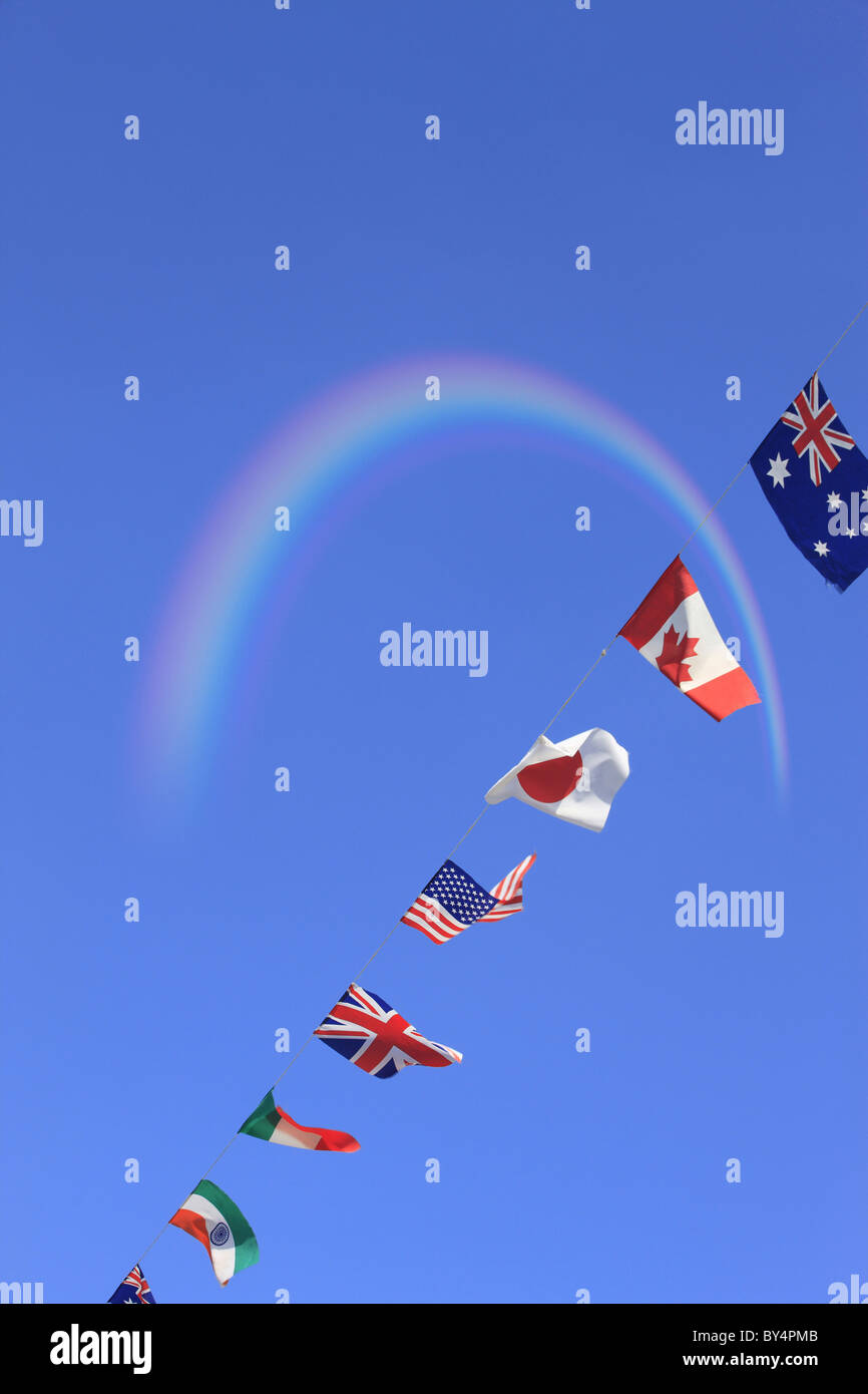 Flags and rainbow, Digital composite Stock Photo