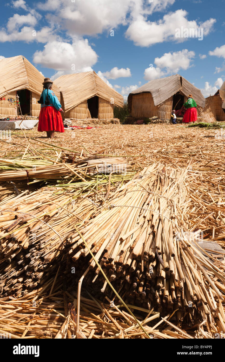 Traditional reed houses on the floating islands of Uros on Lake
