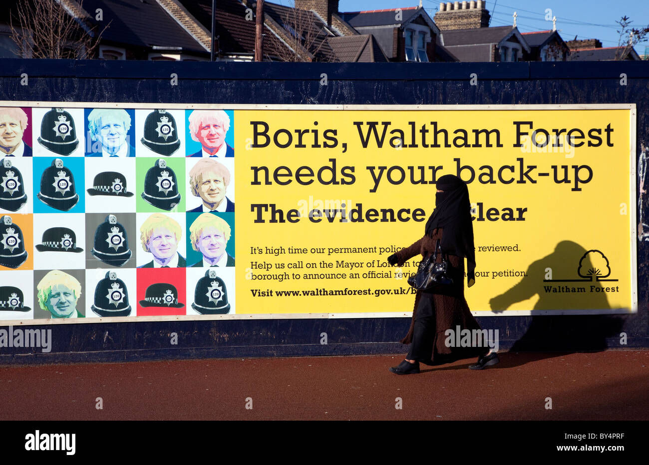 LB Waltham Forest poster about police funding, London Stock Photo