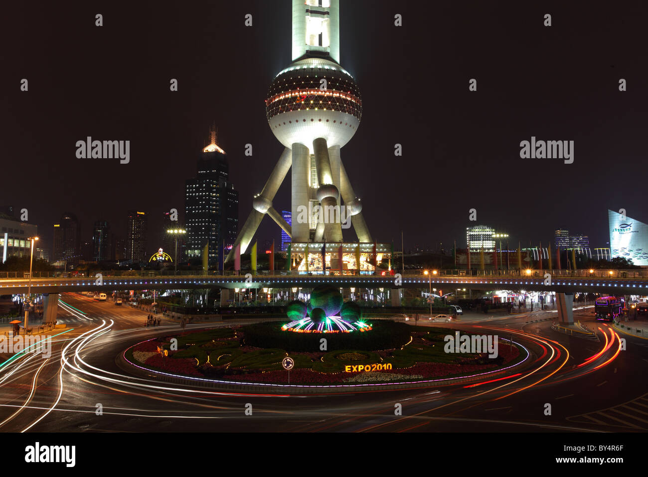 Oriental Pearl Tower Roundabout in Shanghai Pudong, China. Stock Photo