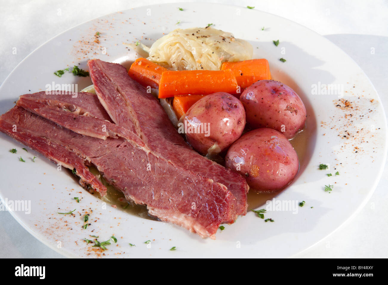 Plate of Corn Beef, Cabbage, Carrots, boiled Potatoes, and Slaw Stock Photo Alamy