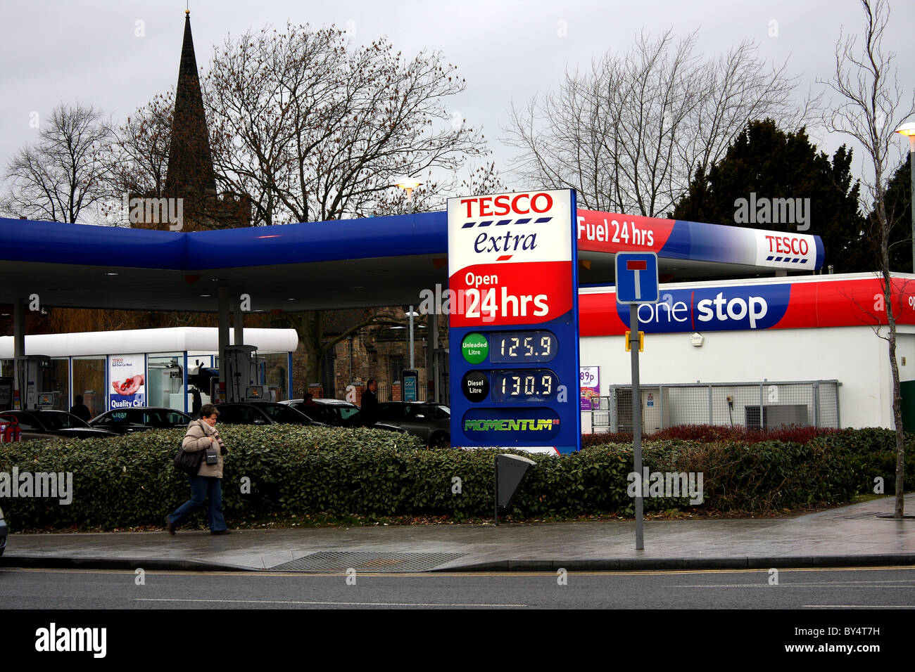 Tesco Extras garage and forecourt showing the price of fuel after the
