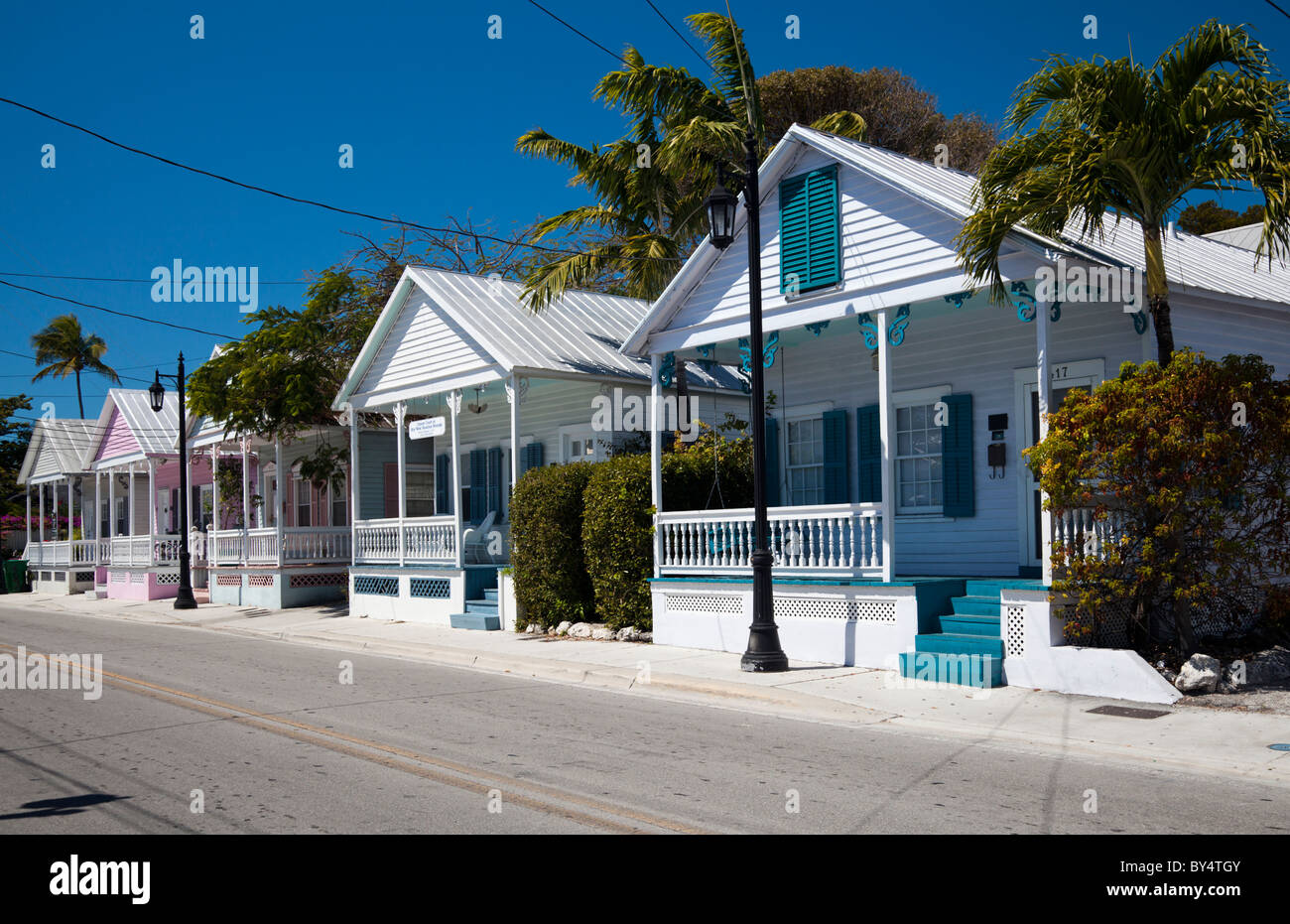 Row of pretty little cottage style houses in Key West, Florida, USA
