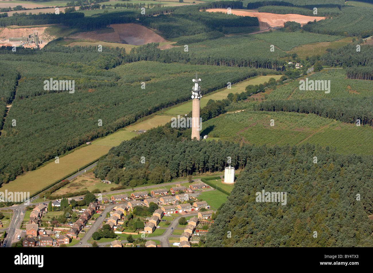 An aerial view of Pye Green BT Tower on Cannock Chase forest and woodlands Uk Stock Photo