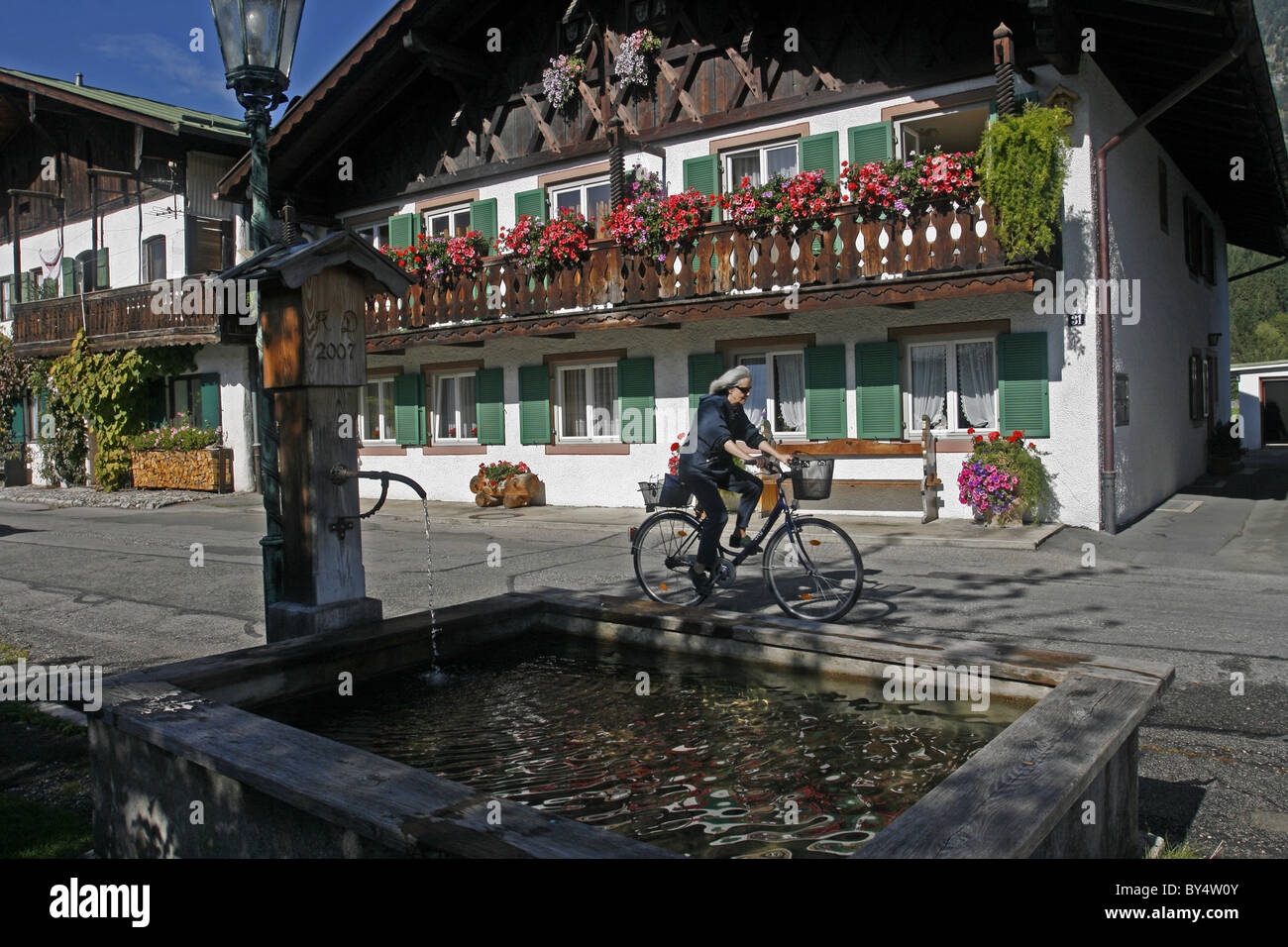 Germany Bavaria Garmisch-Partenkirchen decorated bavarian buildings with balconies and flowers architecture luftmaileri Stock Photo