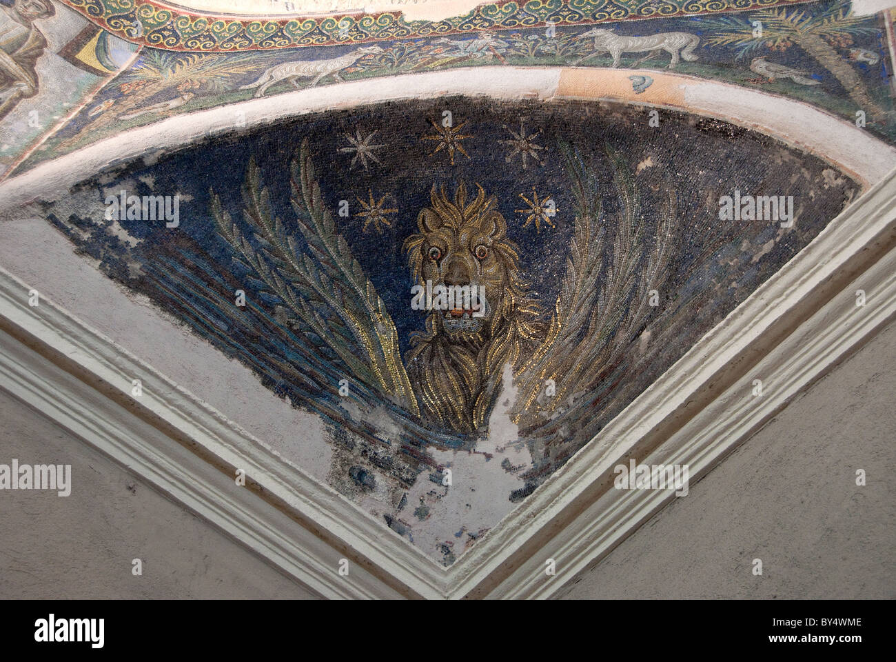 Mosaic tiled artwork of the Lion of Saint Mark, in the dome of an early Christian chapel in the Naples Cathedral Stock Photo