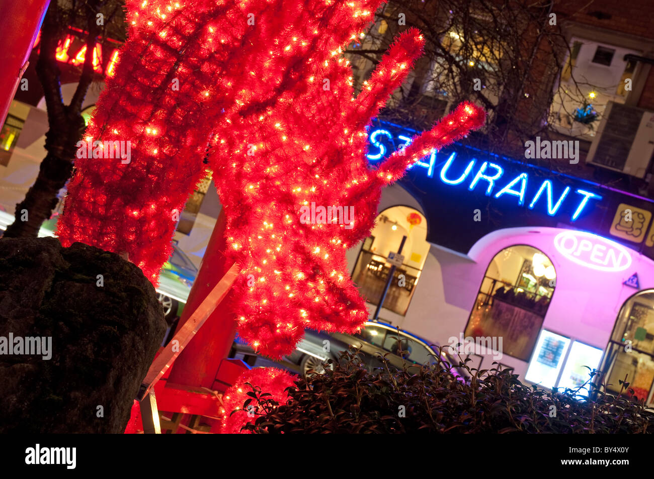 Illuminated red dragon,China Town,Manchester. Stock Photo