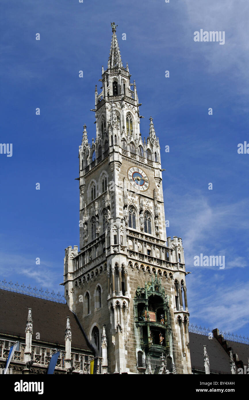 Germany Bavaria Munich Marienplatz with Glockenspeil on Neues Rathaus town hall steeple Stock Photo