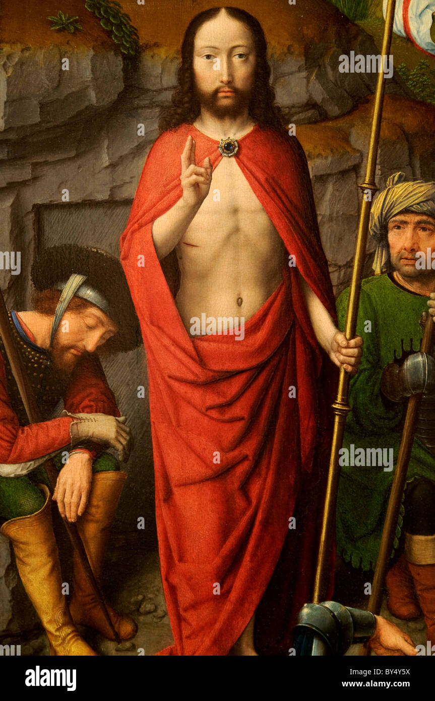 Detail: Christ Carrying the Cross, with the Crucifixion; The Resurrection, with the Pilgrims of Emmaus by Gerard David Stock Photo