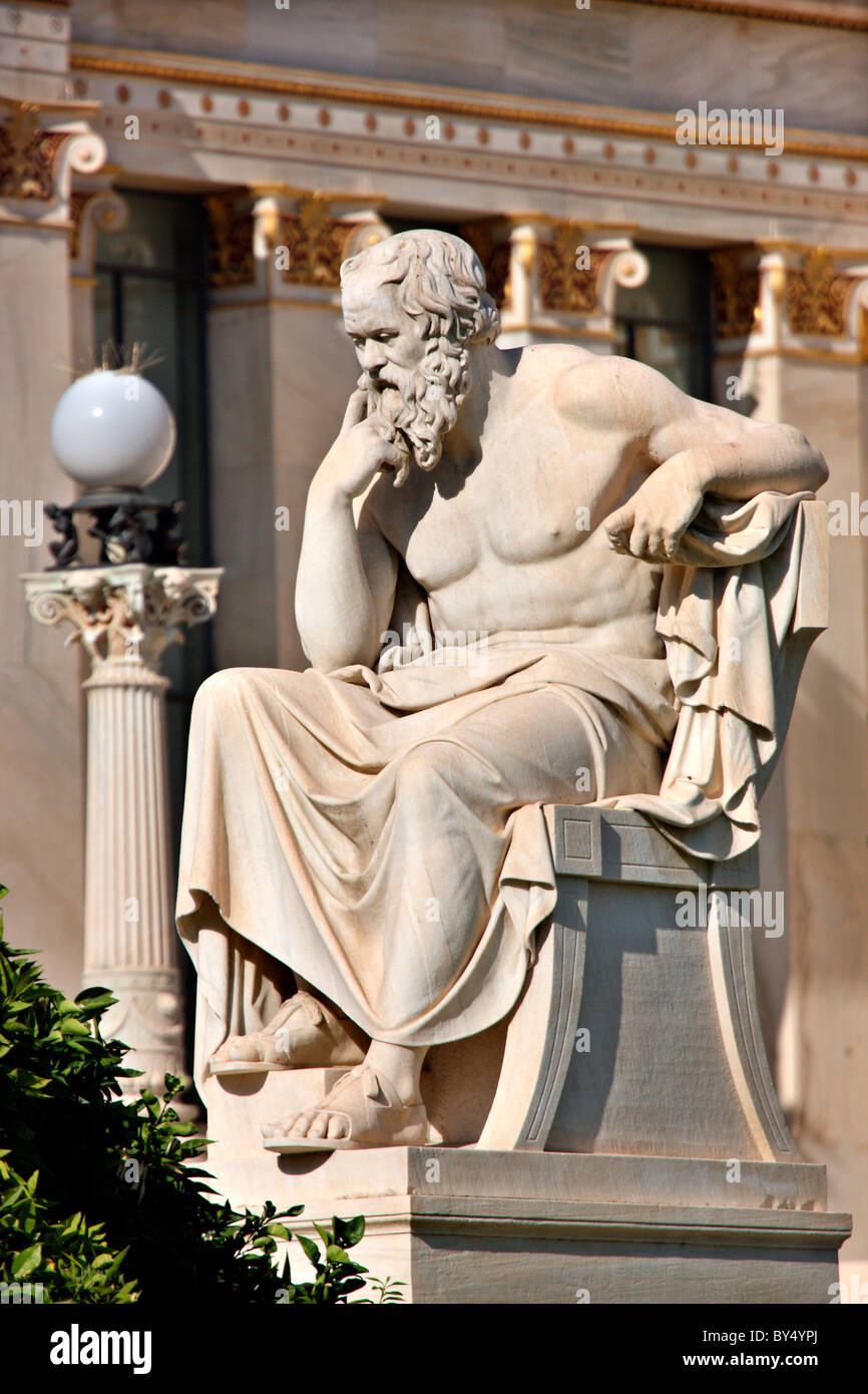Statue of Socractes, ancient Greek Philosopher, sceptic in front of the Academy of Athens. Stock Photo