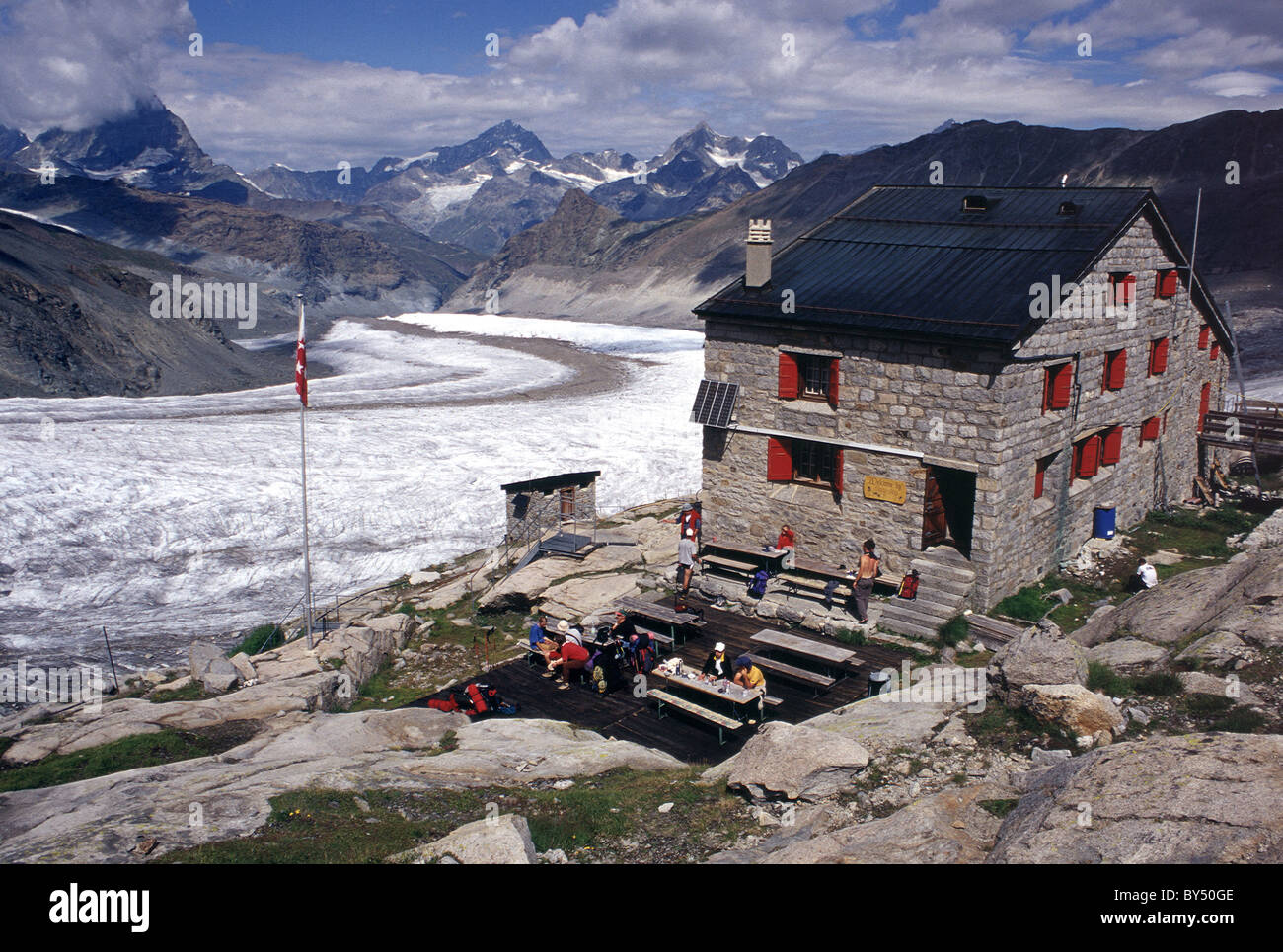 Monte-Rosa-Hutte, Gorner glacier, Matterhorn (in clouds), Dent Blanche ...