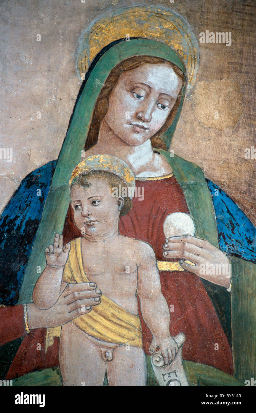 Fresco Madonna and Child by San Francesco, Arezzo, Tuscany, Italy Stock Photo