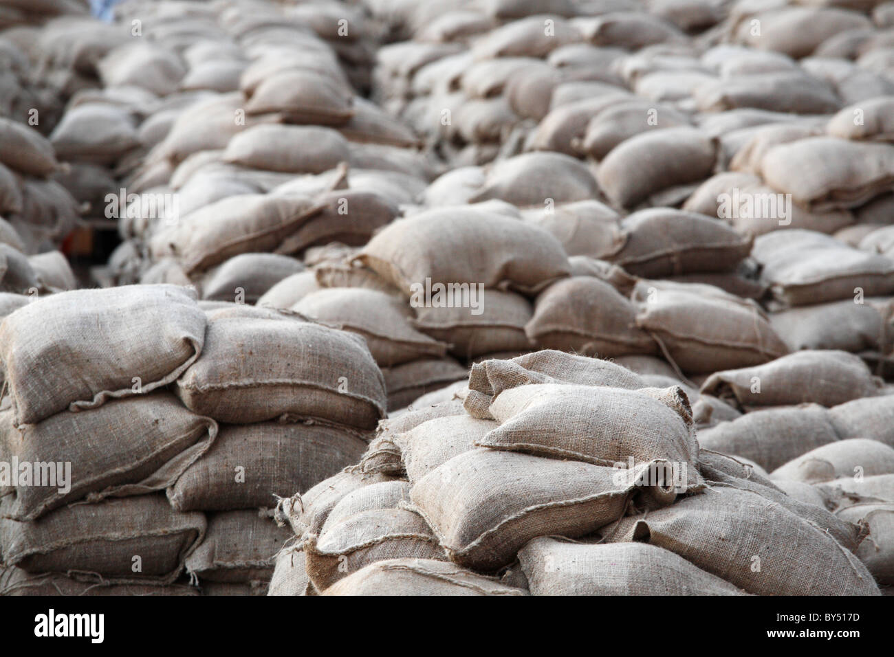 sandbags for flood prevention Stock Photo