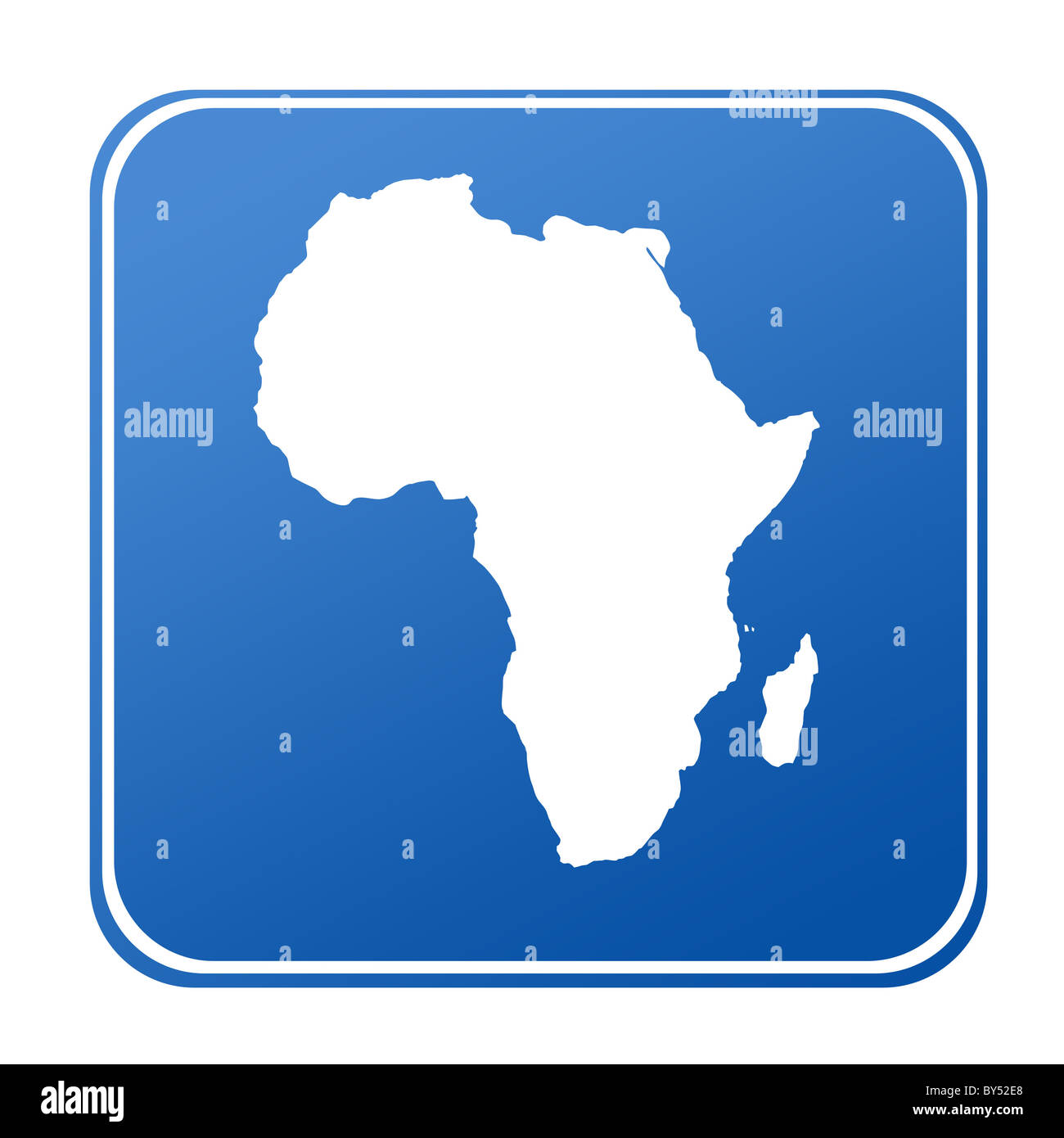 Map of Africa on blue button; isolated on white background. Stock Photo