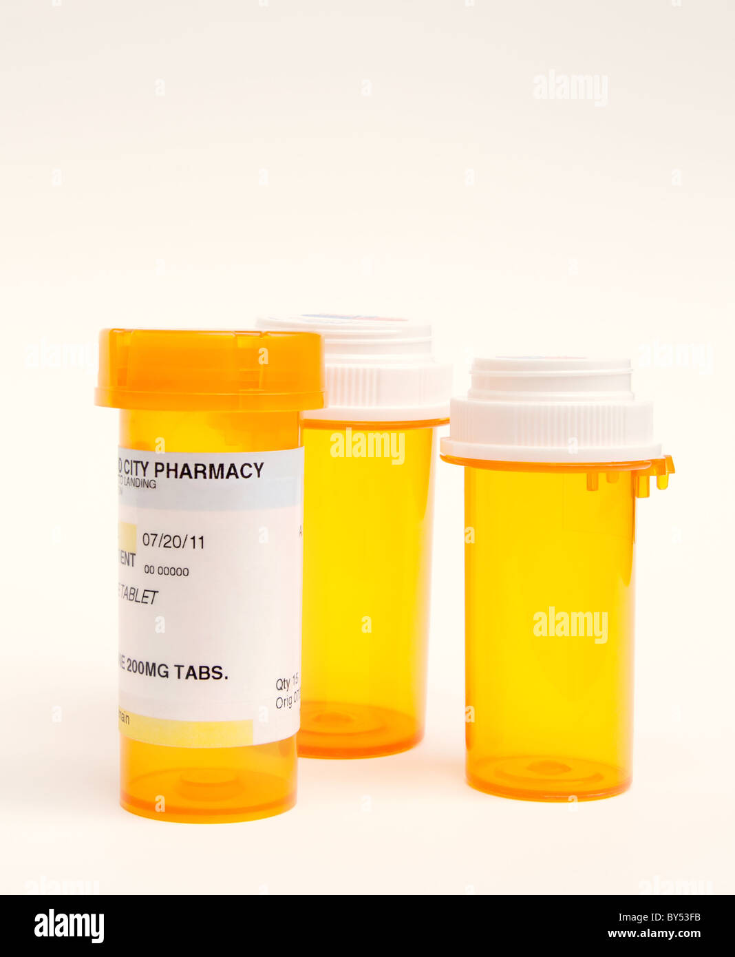 Empty prescription pill bottle isolated on white background. Stock Photo