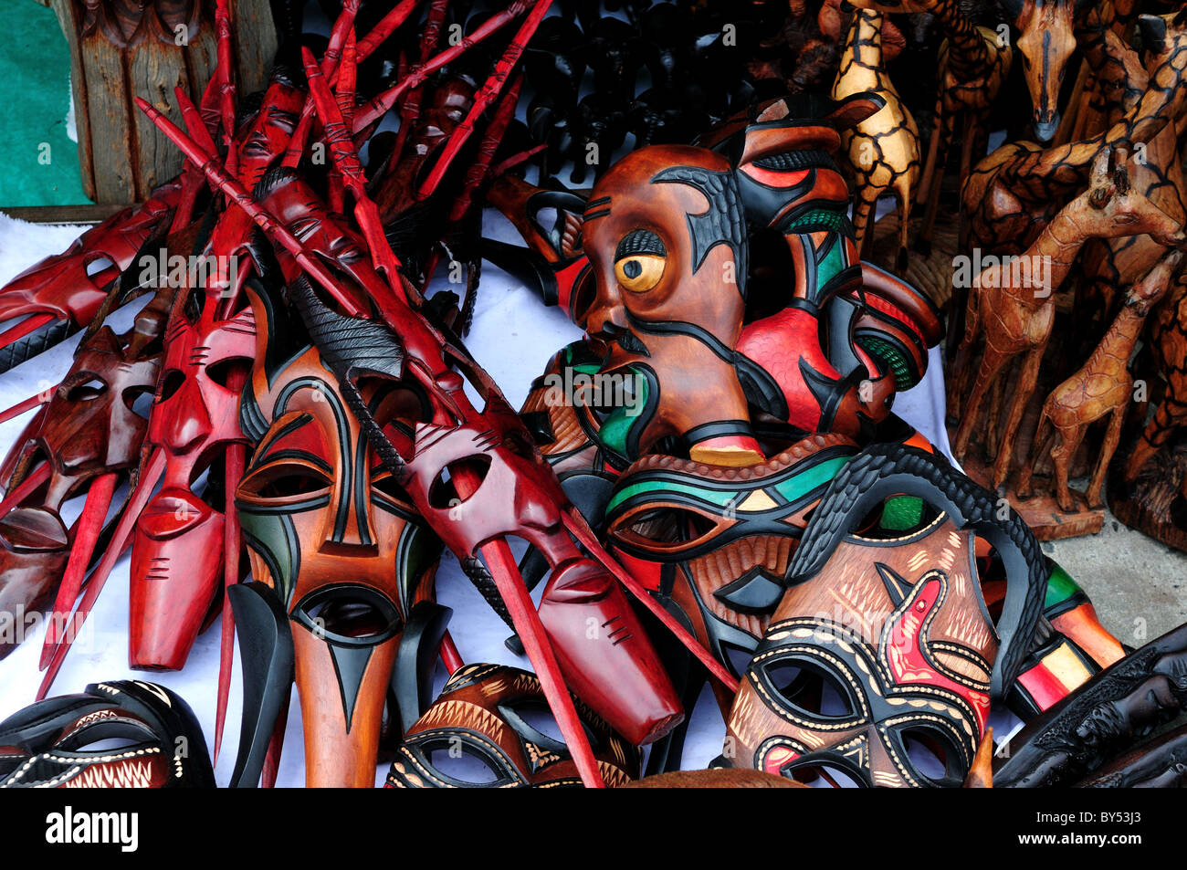 Wood carvings for sale as souvenirs at the market. Cape Town, South