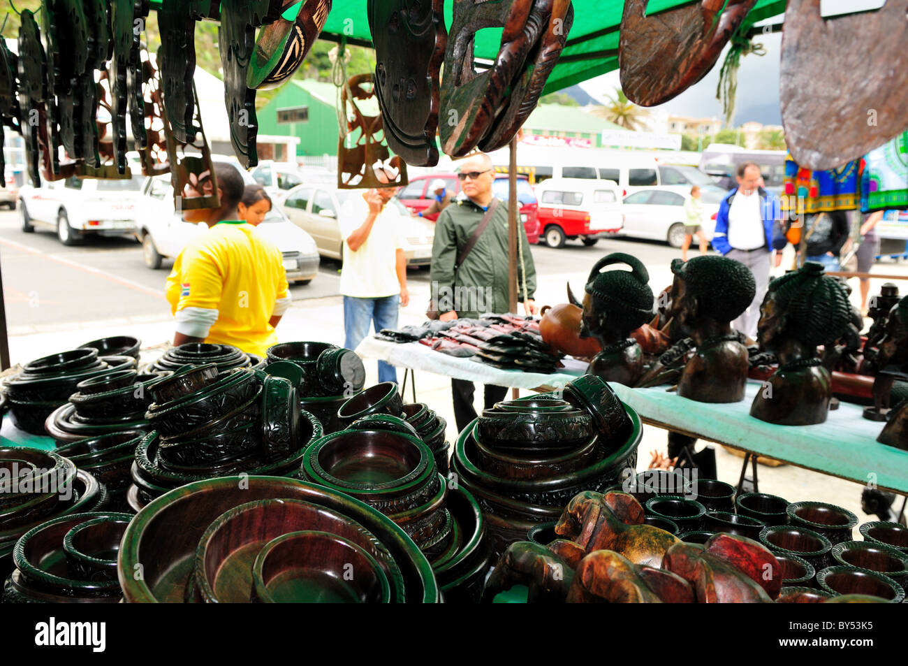 Wood carvings for sale as souvenirs at the market. Cape Town, South