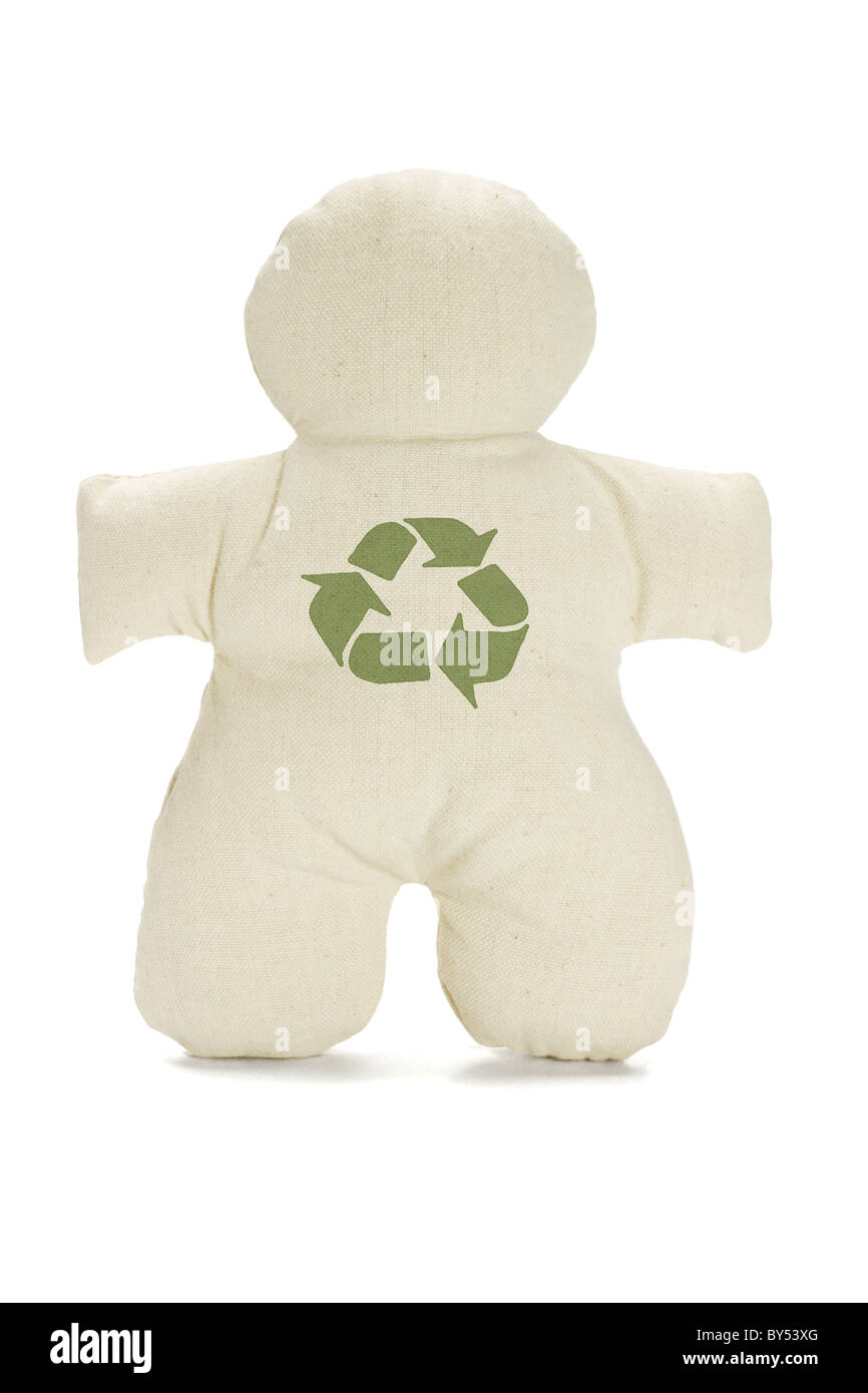 Faceless dummy soft doll with recycle symbol on white background Stock Photo