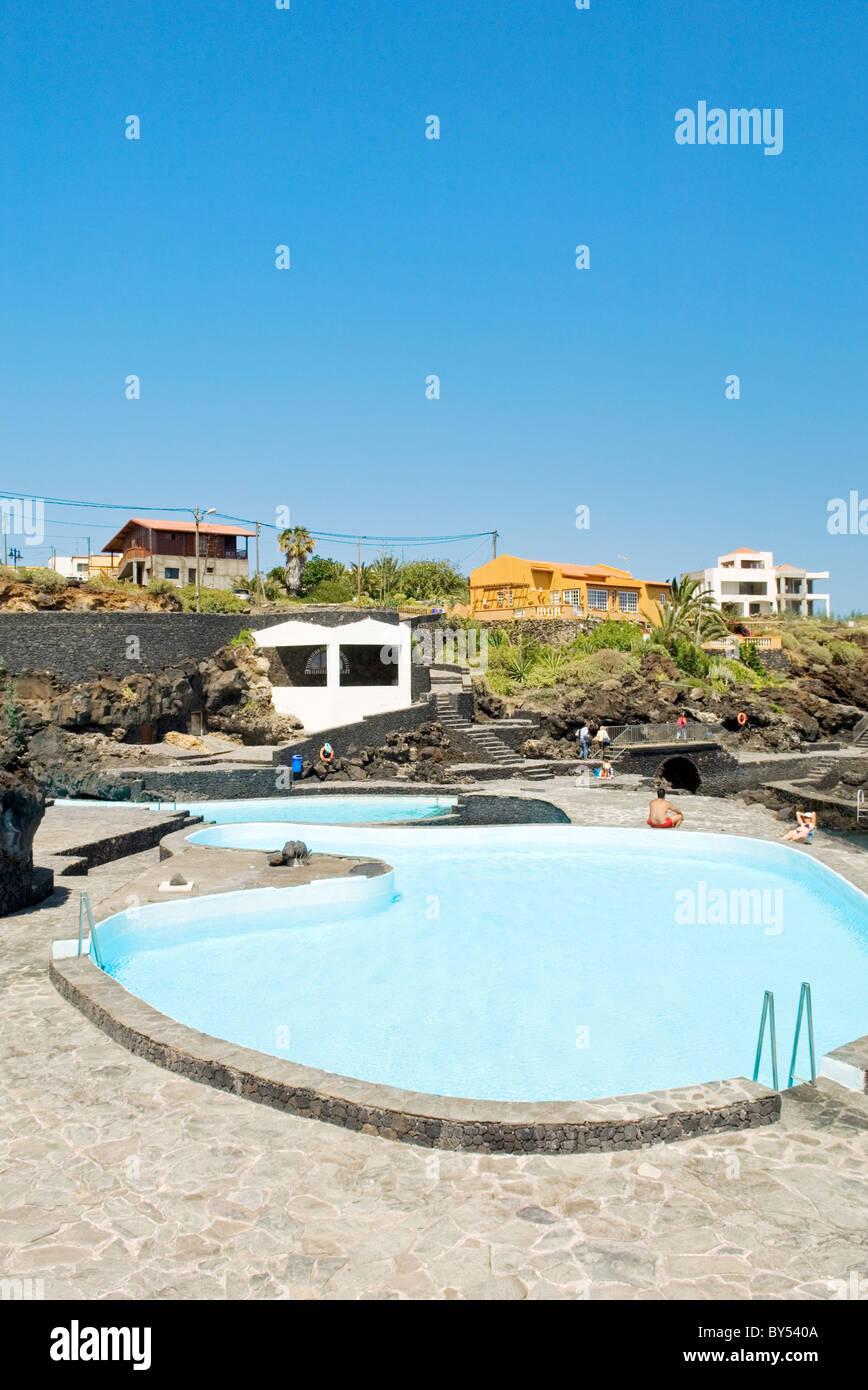 La Caleta, El Hierro, Canary Islands. New swimming pool and apartment facilities in village of La Caleta on the northeast coast Stock Photo