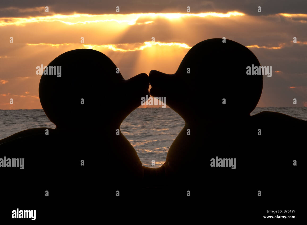 Rubber duckies kiss on the waterfront. Room for copy in the silhouette space. Stock Photo