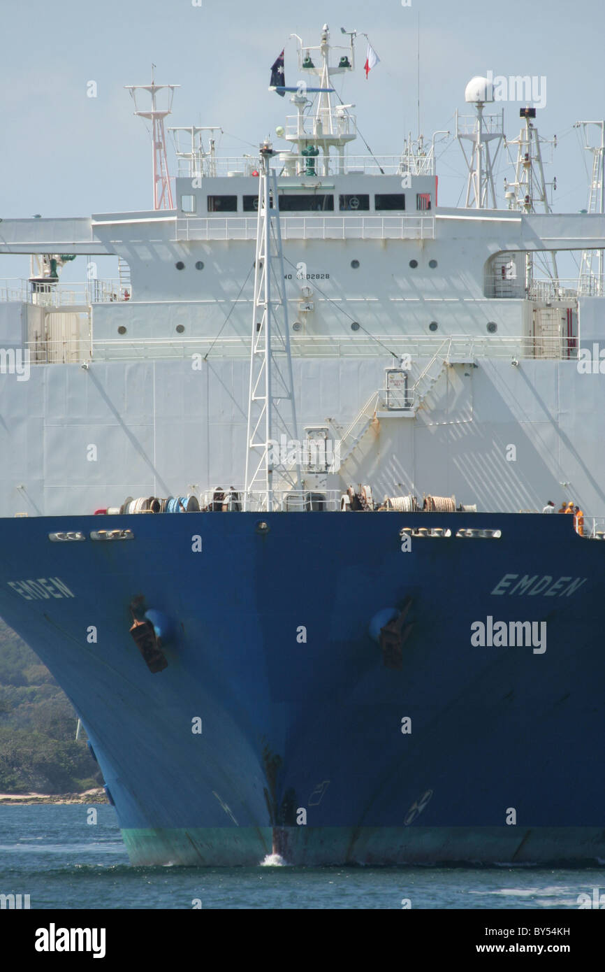 Front view of the large vehicle carrier 'Emden' arriving in Sydney Harbour, New South Wales, Australia. Stock Photo