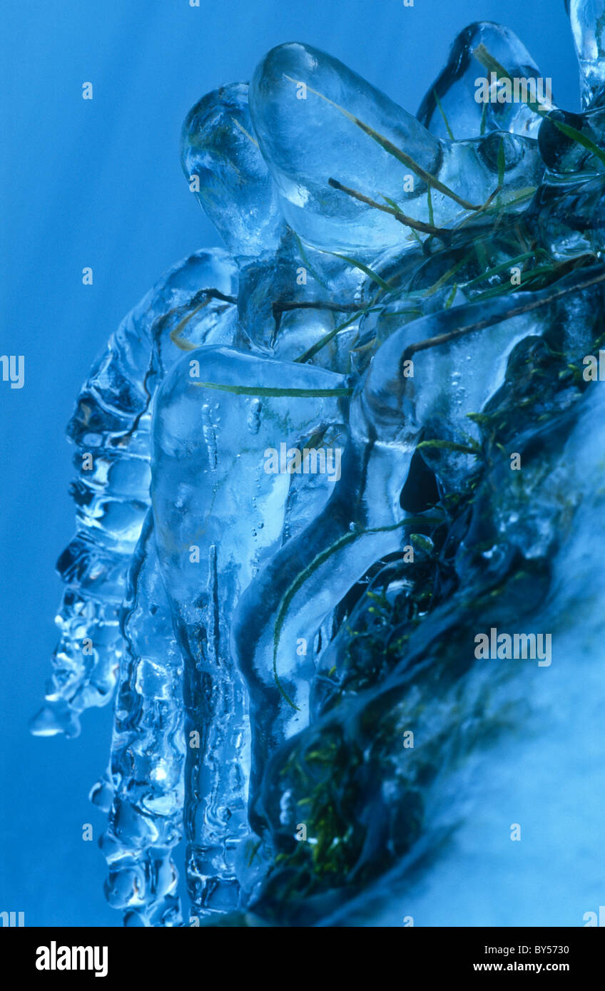 Icicles by waterfall, River Wye, Monsal Dale, Peak District, Derbyshire Stock Photo