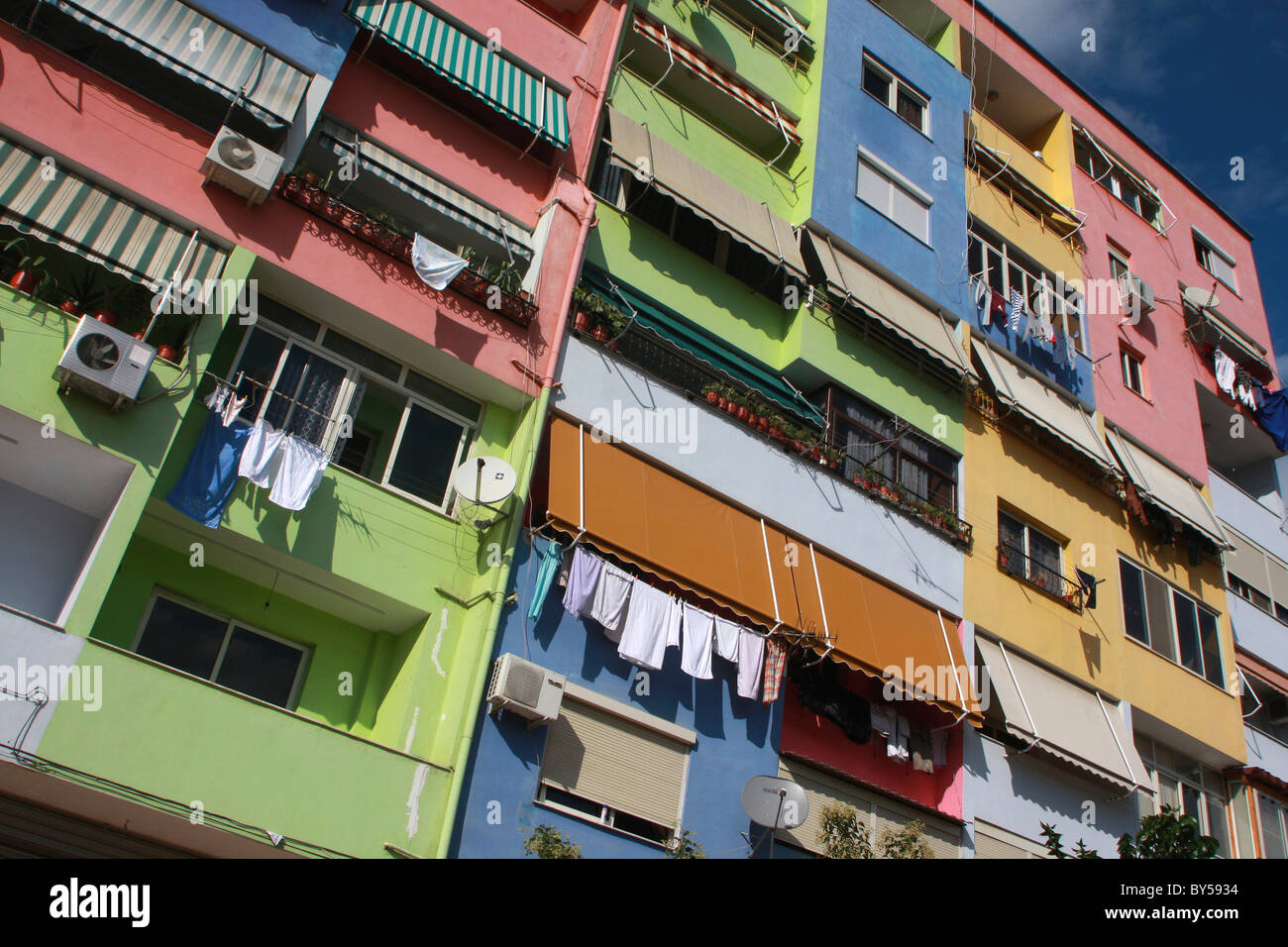 Albania, Tirane, Tirana, Exterior of colourful apartment block Stock Photo Alamy