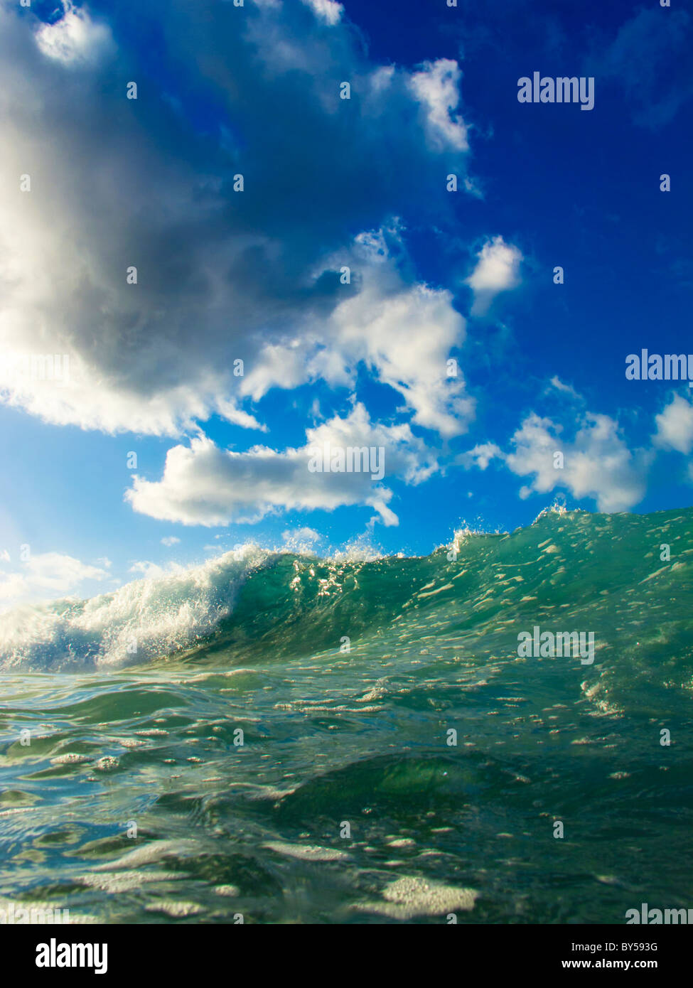 View of the sea with green water and blue, cloudy skies Stock Photo