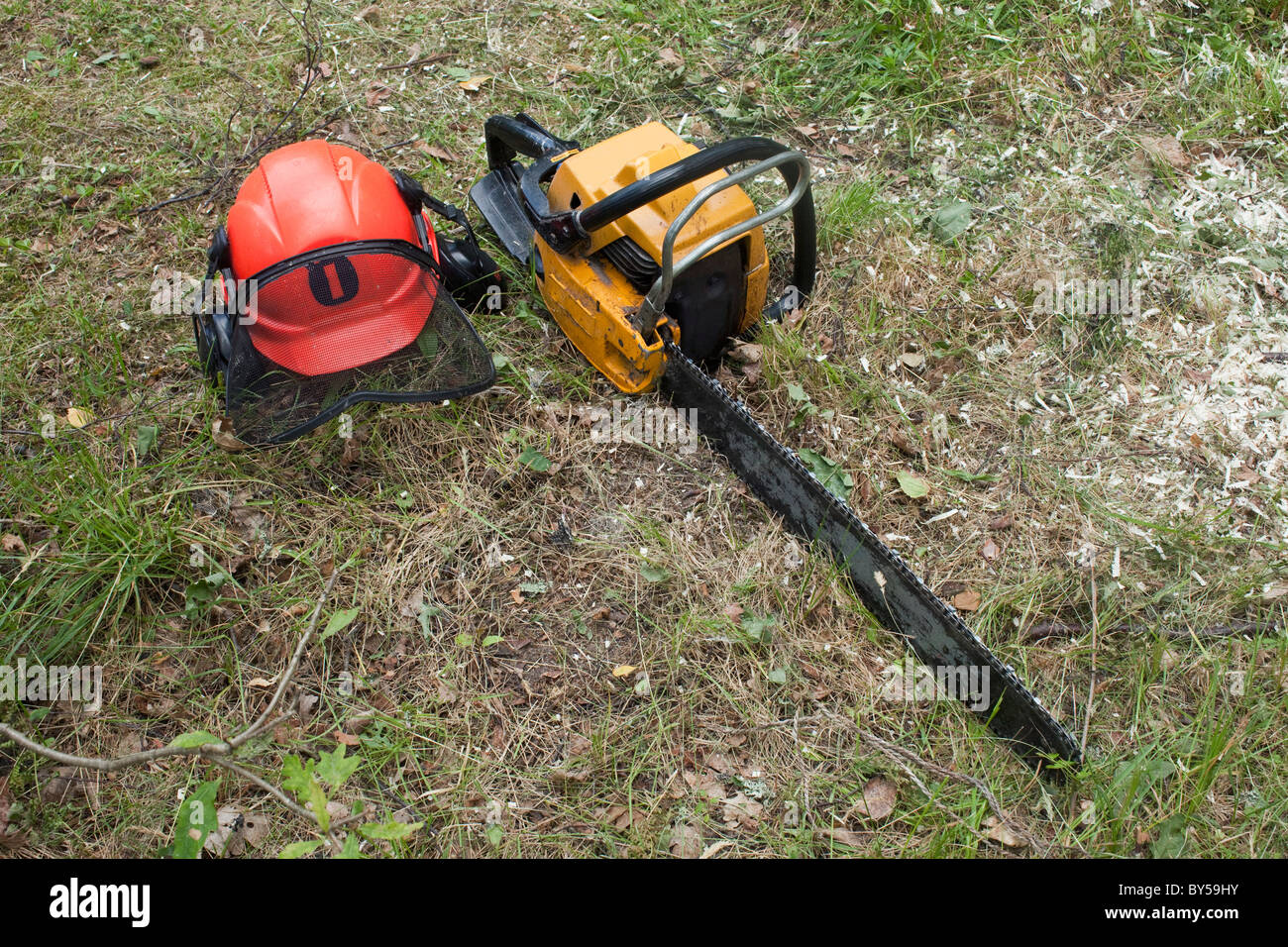 A chainsaw and safety helmet lying on the grass Stock Photo - Alamy