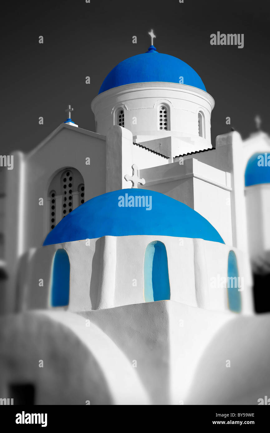 Blue domed Byzantine Greek Orthodox Chapel of Panaghia Gremiotissa. Chora (Hora), Ios, Cyclades Islands, Greece. Stock Photo