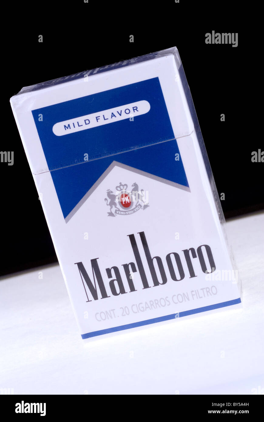 Close up of a Marlboro pack of cigarettes. The blue edition sold in Mexico. Stock Photo