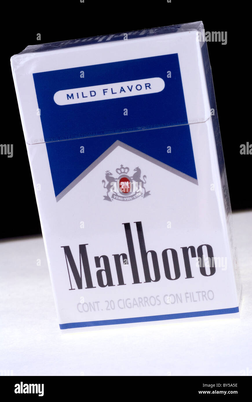 Close up of a Marlboro pack of cigarettes. The blue edition sold in Mexico. Stock Photo