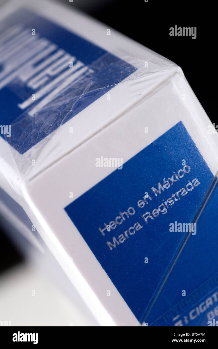 Close up of a Marlboro pack of cigarettes. The blue edition sold in Mexico. Stock Photo