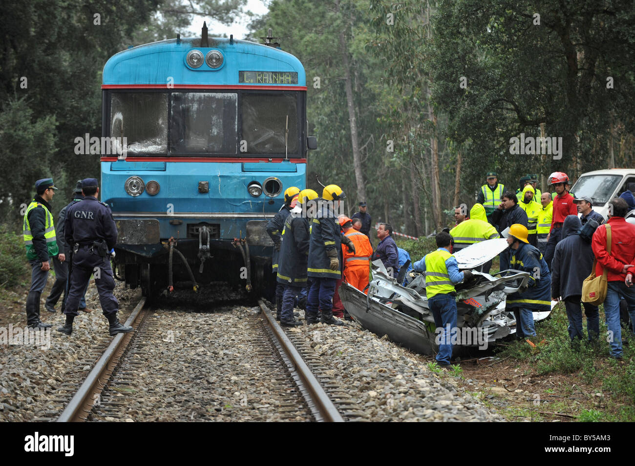 Remains of a car destroyed by the collision with a train Stock Photo