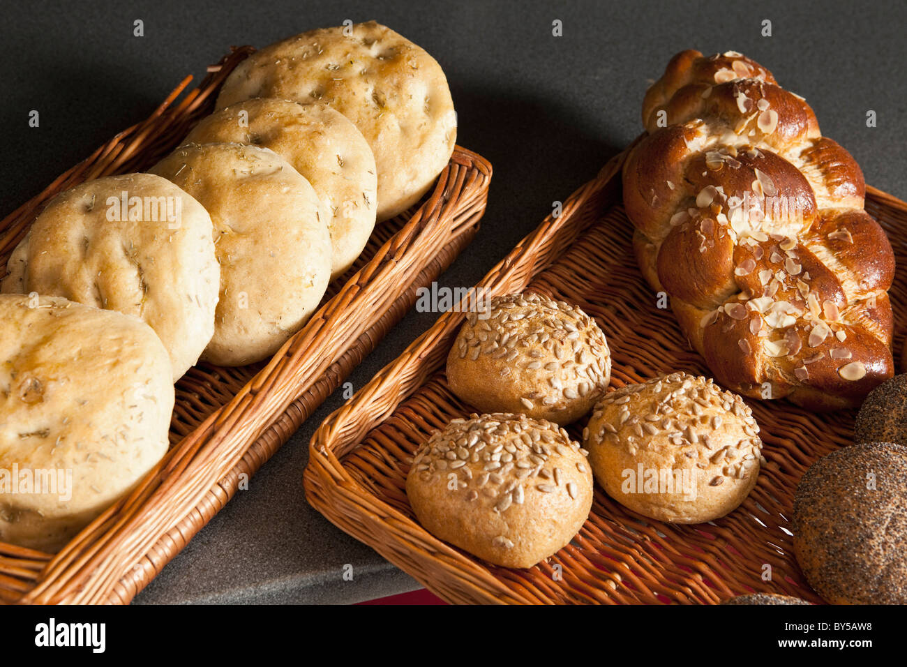 The variety of bread offered in a bakery Stock Photo