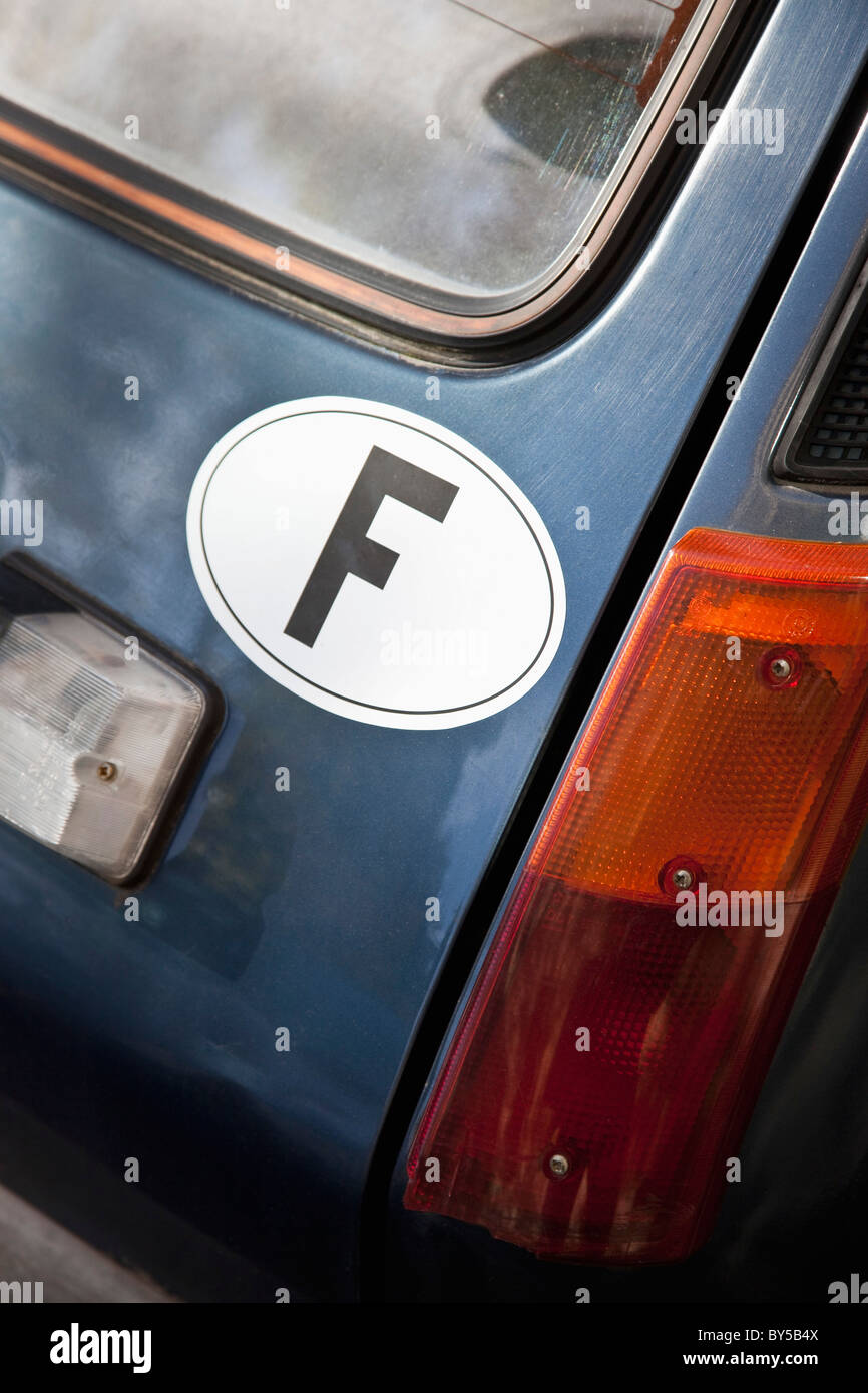 The car country tag for France (letter F) on a car, close-up Stock Photo