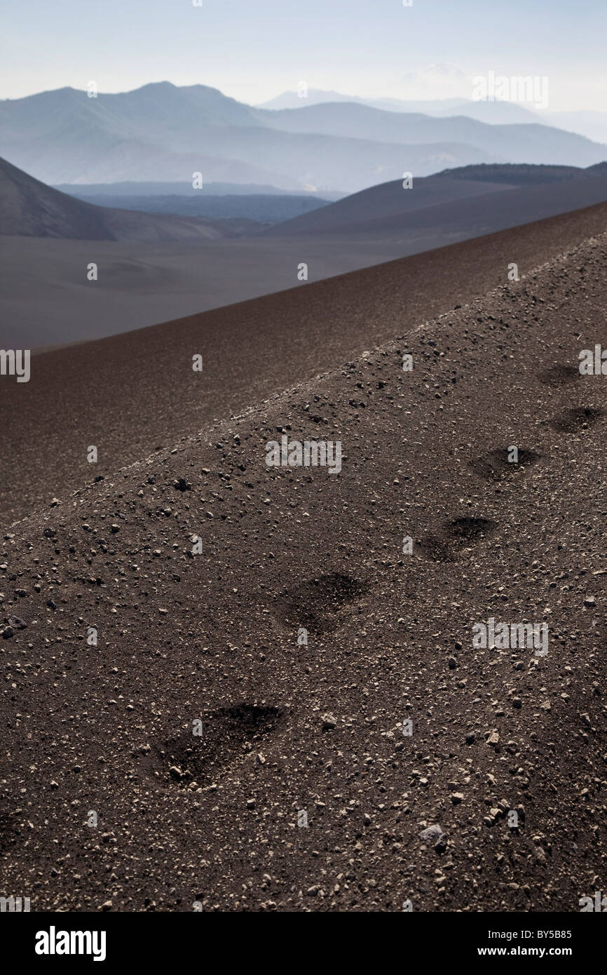 Trail of footprints along Lonquimay Volcano, Patagonia, Chile Stock Photo