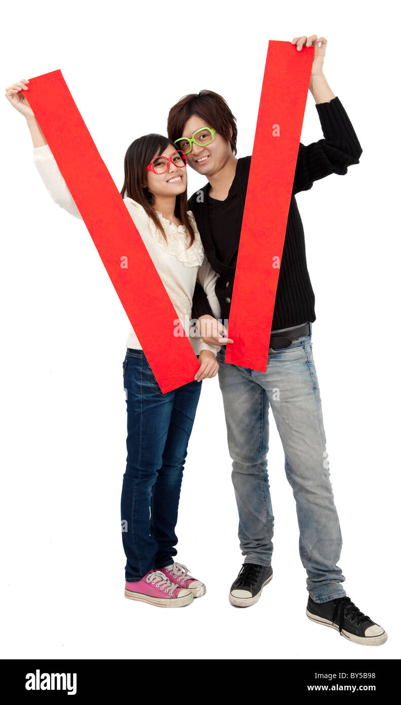Happy Chinese new year. Young Asian couple blank spring festival couplets Stock Photo
