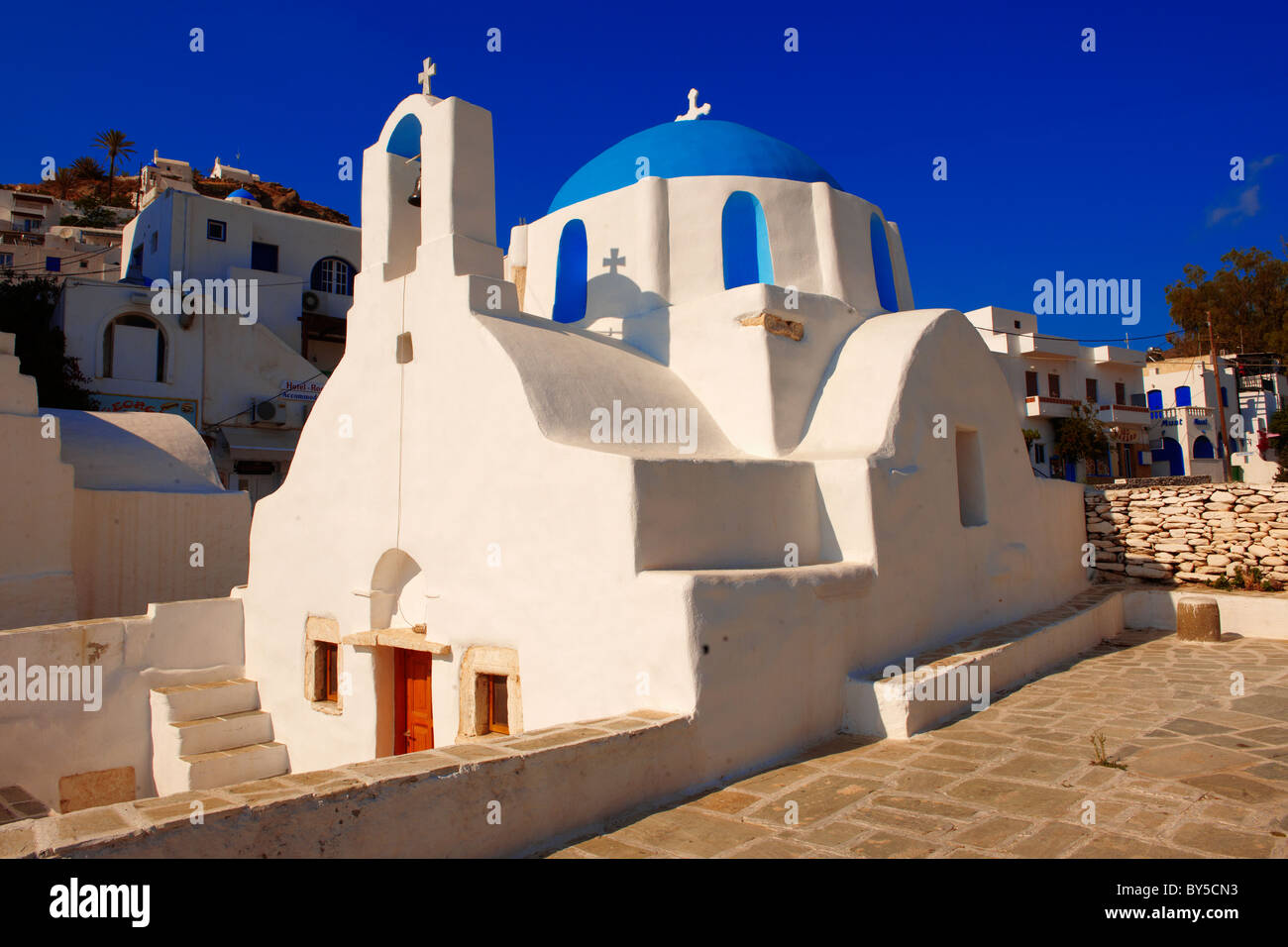 Blue domed white Byzantine Greek Orthodox Chapel of Panaghia Gremiotissa. Chora (Hora), Ios, Cyclades Islands, Greece. Stock Photo